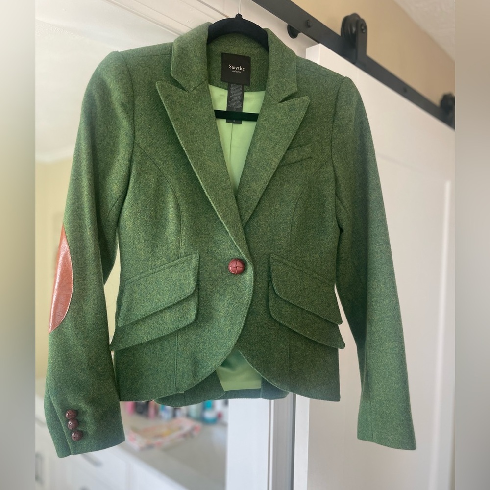 Smythe Wool Green Blazer with Brown Leather Elbow Patches